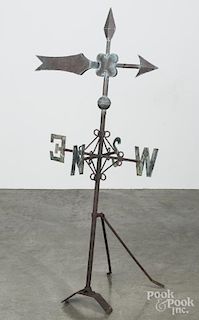 Copper bannerette weathervane, 20th c., mounted on an early iron stand with directionals, 53'' h.