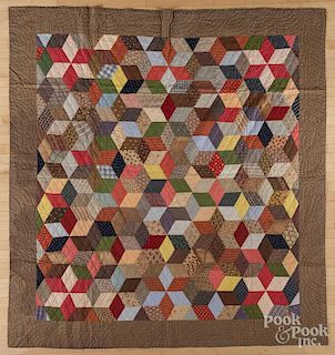 Pieced tumbling block quilt, late 19th c., 84'' x 91''.