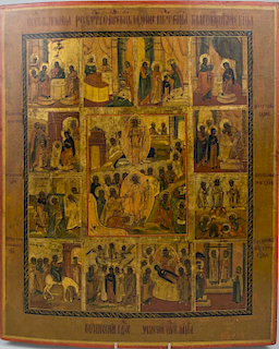 Russian Icon Antique 19th Century (Resurrection and Descent into Hades with Feast)
