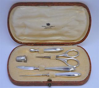800 SILVER BOXED SEWING SET c. 1900