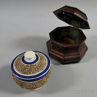 Mochaware Covered Sugar Bowl and an Octagonal Mahogany Tea Caddy