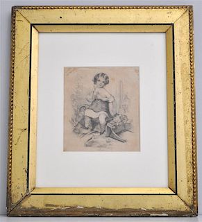 19th c ORIGINAL DRAWING YOUNG GIRL w DOG & CAT