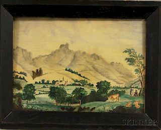 American School, 19th Century      Primitive Pastoral View with Church and Animals.