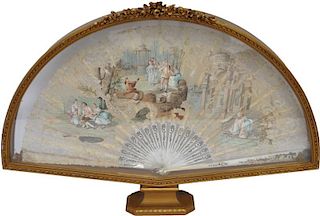 19th c. MOP FRENCH SILK HAND PAINTED FAN