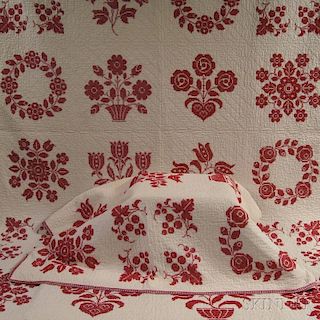 Pair of Hand-stitched Red and White Cotton and Wool Quilts