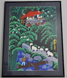 VTG 1970s CHINESE PRIMITIVE FOLK ART WITH PANDAS