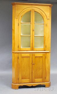 Glazed Pine Two-piece Corner Cupboard
