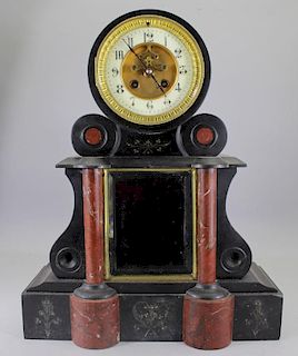 Antique French Black Slate/Red Marble Mantel Clock