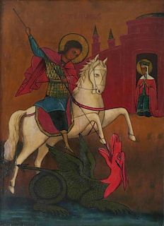Antique Russian Icon of St. George with Two Saints, LARGE