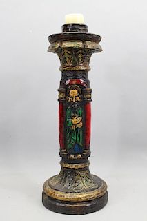 Carved Polychromed Wooden Candle Stick