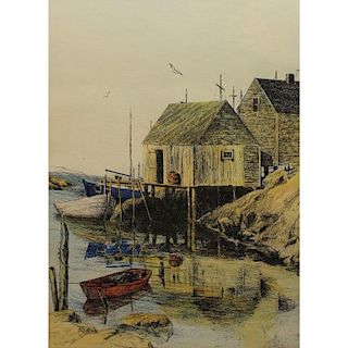 Signed 20th C. Harbor Scene Colored Etching
