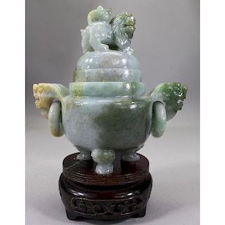 Footed Chinese Jadeite Koro w/ Foo Dog Cover