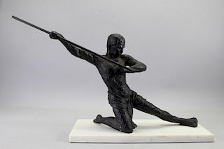 20th C. Bronze Sculpture, Man with Spear