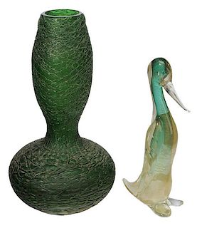 Green Art Glass Vase, Murano Duck