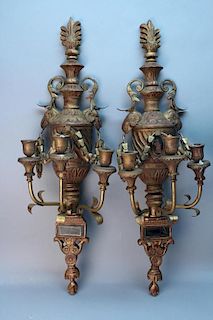 Italian Pair of Antique Gilt 3 Arm Sconces
