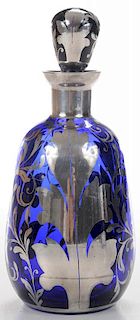 Cobalt-Blue Cologne Bottle and Stopper with Painted Silver Decoration