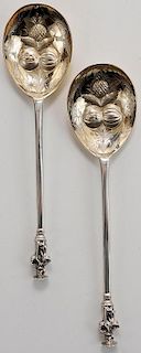 English Silver Apostle Handle Berry Spoons, Cased