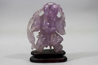 Antique Chinese Carved Amethyst Figure on Stand