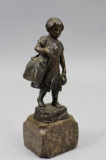 Signed 19th C. Dutch Bronze Girl on Marble Base