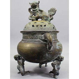Signed Large Unusual Chinese Bronze Footed Censer
