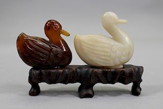(2) Chinese Carved Stone Ducks on Stand