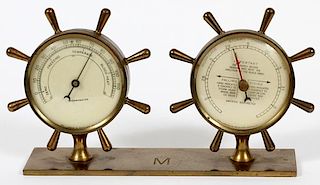 SWIFT & ANDERSON INC., BRASS DESK BAROMETER/THERMOMETER SET, C1950, H 5", W 9 1/2" FROM THE GREAT LAKES STEAMER SHIP THE PUT-IN-BAY