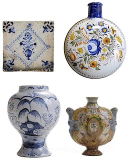 Two Delft Flasks, Vase, Tile