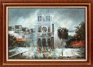 FRENCH OIL ON CANVAS PEOPLE IN FRONT OF CATHEDRAL