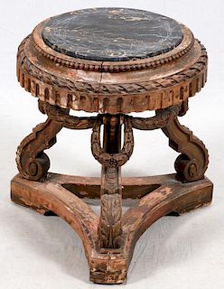 CARVED WALNUT & MARBLE SIDE TABLE
