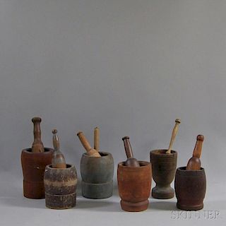 Six Mostly Turned and Painted Mortars and Pestles