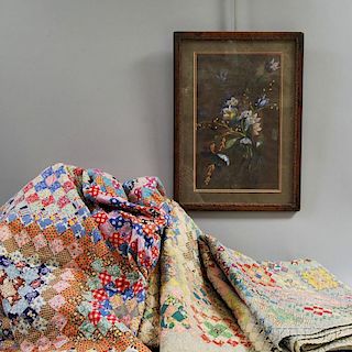 Three Patchwork Quilts and a Framed Pastel of Flowers