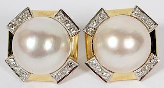 18KT GOLD MABE PEARL AND DIAMOND EARRINGS PAIR