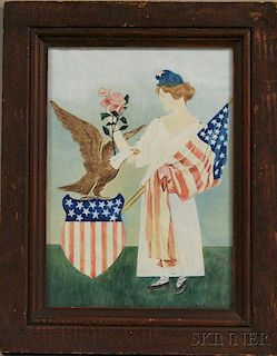 American School, 19th Century      Patriotic Scene of Lady Liberty Carrying the Flag with a Bald Eagle.