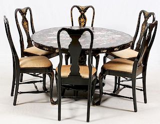 CHINOISERIE STYLE BLACK LACQUERED TABLE AND CHAIRS