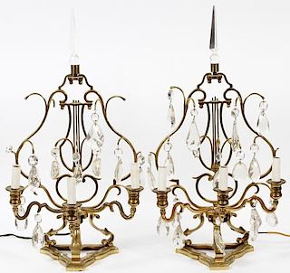 FRENCH BRASS AND CRYSTAL GIRANDOLES PAIR