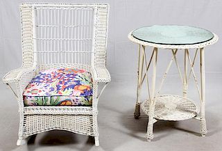 WHITE WICKER ROCKING CHAIR & TABLE