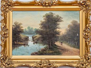 American School: Landscape with Waterfall and Two Figures