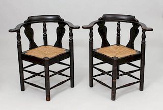 Pair of Chippendale Black Painted Corner Chairs, 20th Century