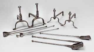 Two Pairs of Steel Andirons and Five Fire Tools