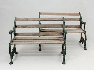 Pair of Green Painted Cast-Iron and Slated-Wood Garden Benches