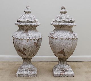Pair of White Painted Neoclassical Terracotta Covered Urns
