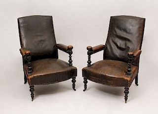 Pair of Victorian Stained Mahogany and Leather Library Armchairs