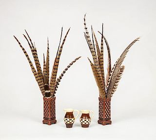 Pair of English Brown-Ground Pottery Angular Vases and Two Brown and Cream Checkered Banded Jugs