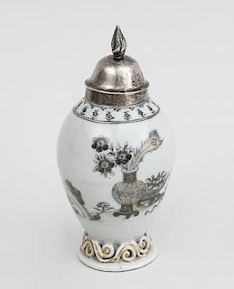 Chinese Export Grisaille Porcelain Tea Caddy