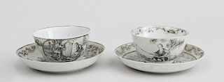 Two Chinese Export Grisaille Porcelain Teacups and Saucers