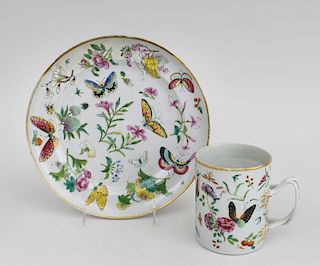 Chinese Export Enameled Porcelain Butterfly Plate and Mug