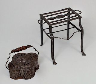 English Steel and Wrought-Iron Footman and a Continental Pierced Tin Warming Box