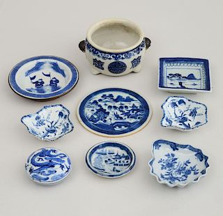 Group of Seven Chinese Export Blue and White Porcelain Table Articles