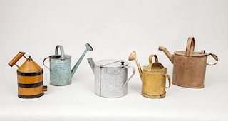 Group of Four Metal Watering Cans and a Mustard-Ground Tôle Peinte Jug