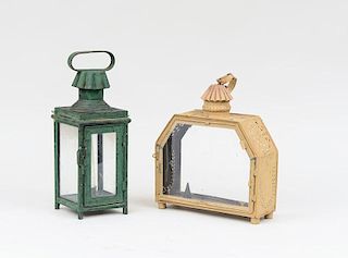 Two Painted Tôle Lanterns, a Red Painted Milk Can, an Arrow-Form Weathervane, and a Tin Rooster-Form Decoration